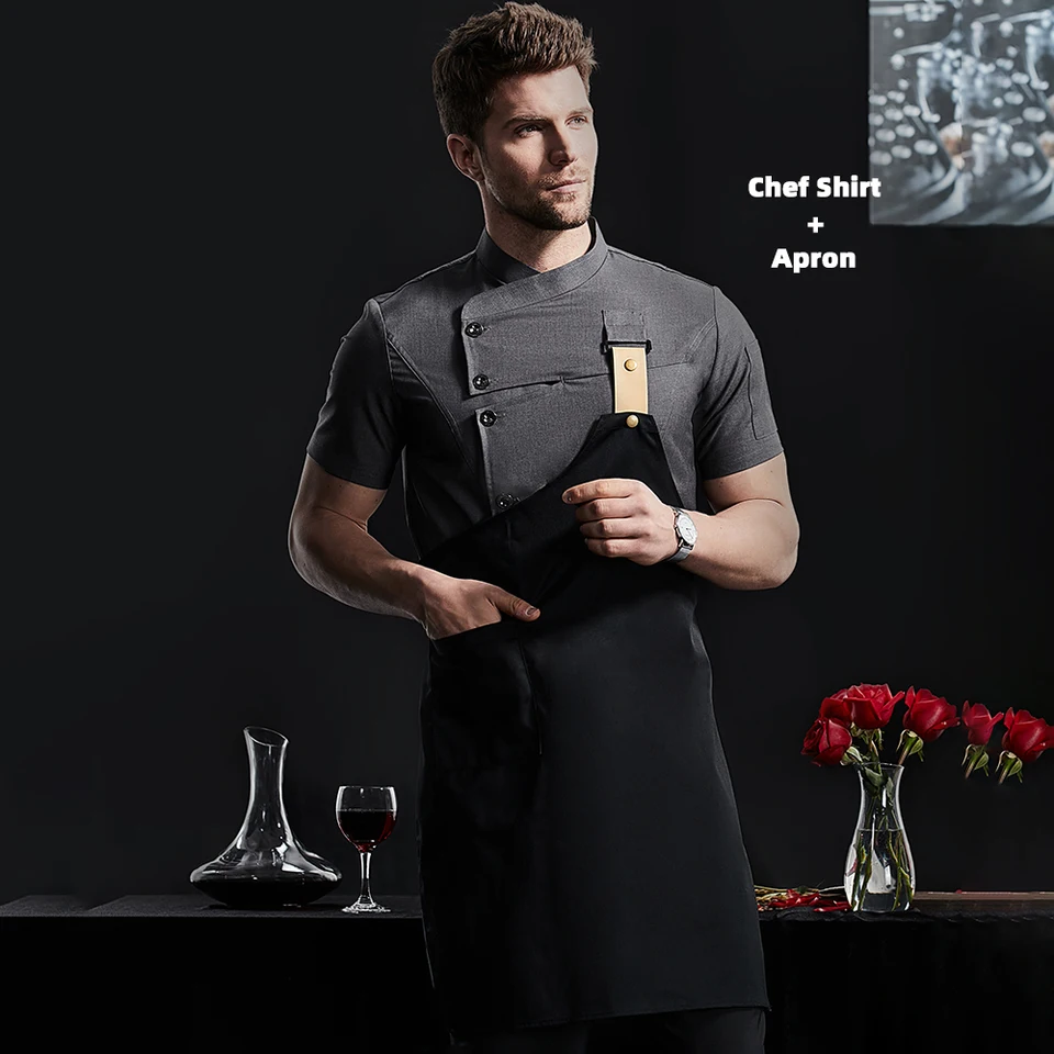 Khaki Uniforma Catering Workwear Head košele Cooking Coat Chef bunda letná reštaurácia holičstvo čašník čašník škrtiaca košeľa zástera
