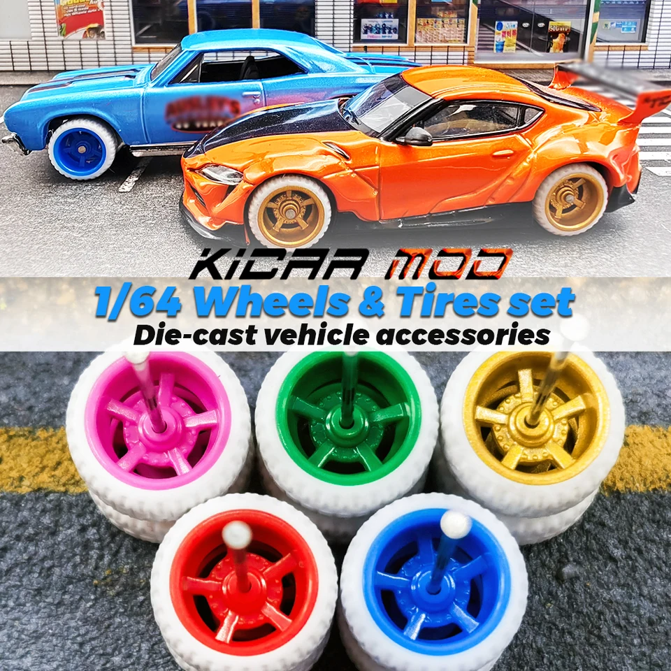 Kicarmod Abs 1/64 kolesá s bielymi gumovými pneumatikami 5 súprav pre 5 modelových automobilov farebné kolesá hračiek pre horúce kolesá hobby modifikované diely