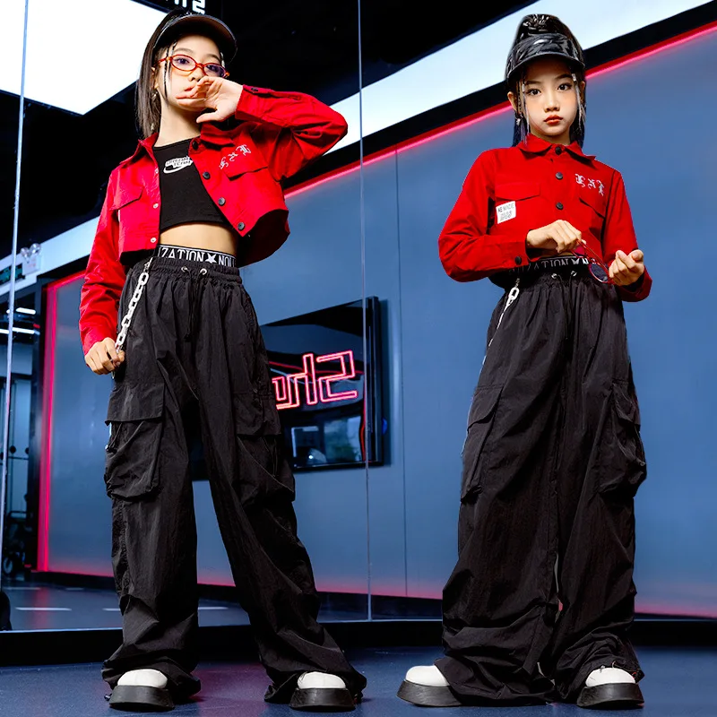Kid Cool Hip Hop Clothing Red Crrop Top Tirlko bunda čierny neformálny náskok so širokými nákladnými nohavicami pre dievčatá jazzové tanečné kostýmy oblečenie