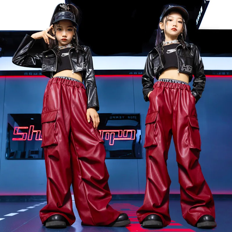 Kid Cool Hip Hop Clothing Čierna faux kožená bunda plodina Top víno Červený nákladný náklad pre dievčatá pre dievčatá jazzové tanečné kostýmy oblečenie