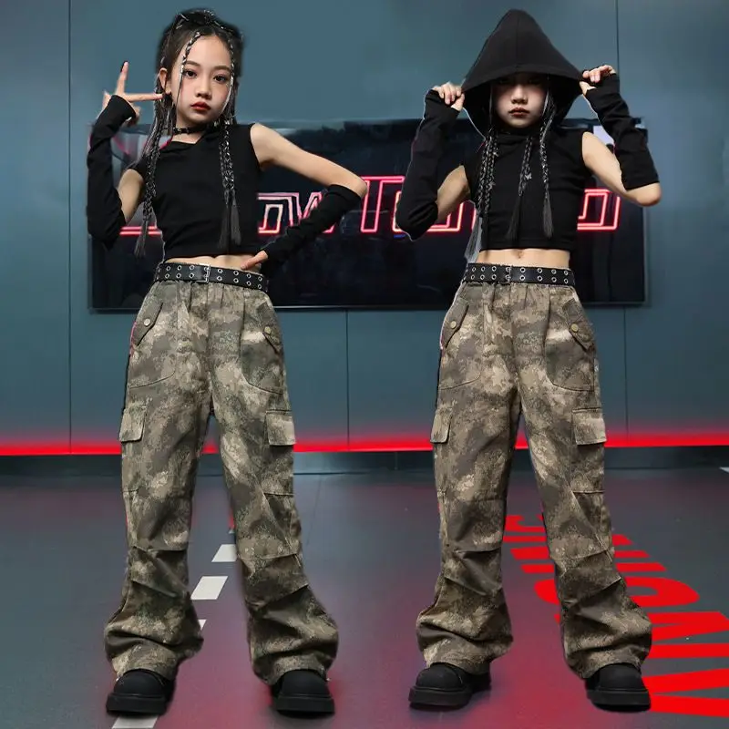 Kid Hip Hop Clothing Black Hoodie Crop Tank Top Top s rukávmi Castflage Casual Cargo Pants for Girl Jazz Dance Costyes oblečenie