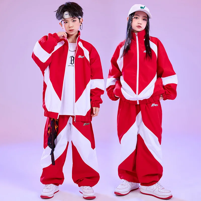 Kid Hip Hop Clothing Červená biela farba blok Windbreaker bunda Casy Jogger Pants pre dievča chlapca Jazz Dance Wear kostýmy oblečenie
