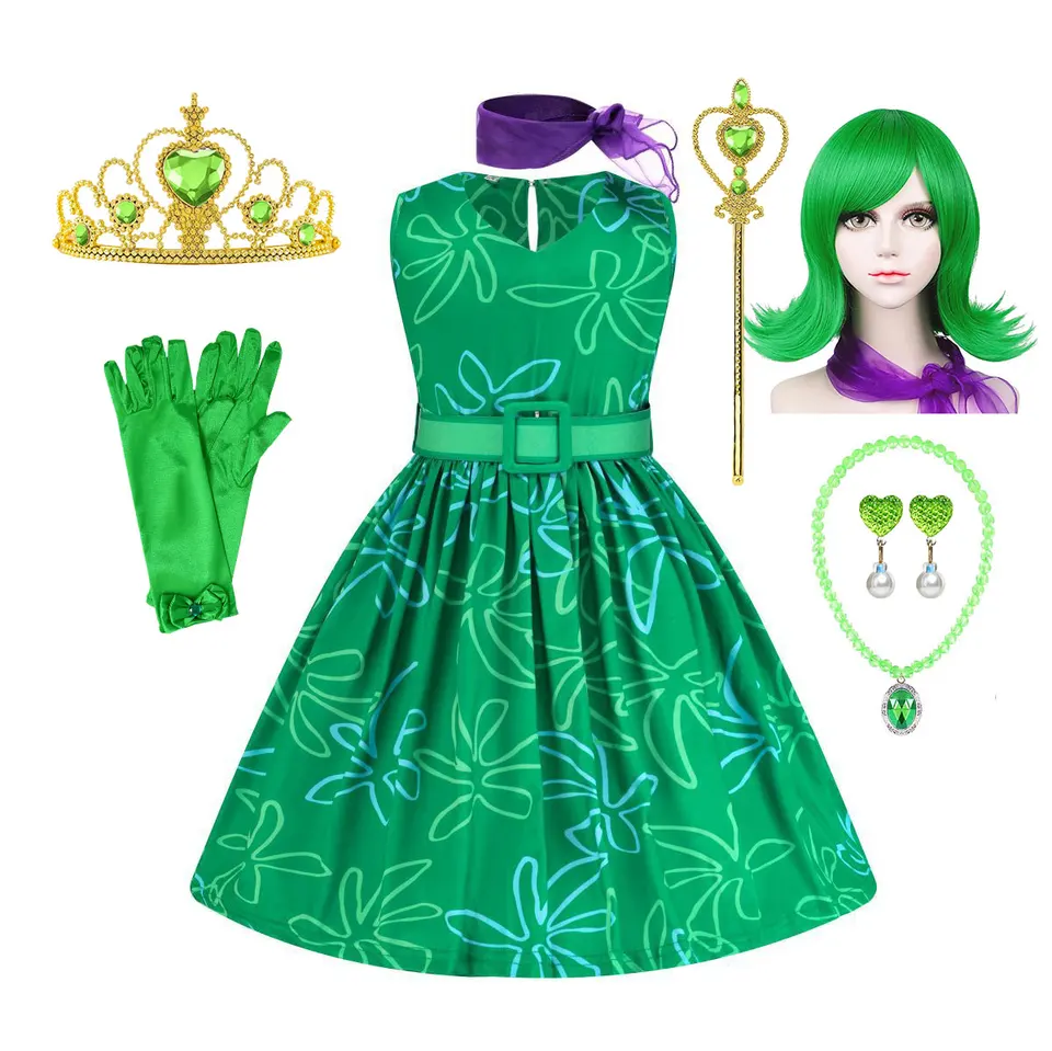 Kid insidids out Cartoon kostým hrá bez znechutenia maskovanie mozgu Emocionálny obraz predstavuje Riley Green Mood Belted šaty módne šaty módne šaty