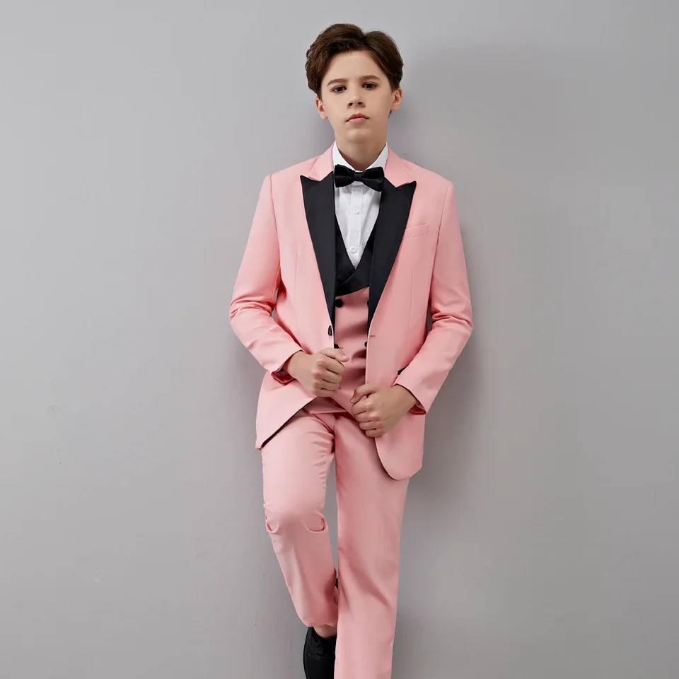 Kid Kid Boy's Pink 3 kusy čierne špicaté obojky Suits smedos Svadba/ples (bunda+nohavice+vesta) Majster obradov šaty