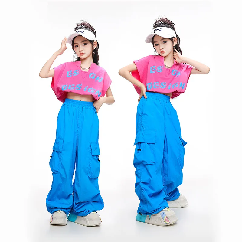 Kid KPOP Hip Hop Clothing Rose Stretch Hem Crop Top Tieň modrý nákladný náklad pre dievčatá pre dievčatá jazzové tanečné kostýmy Noste oblečenie