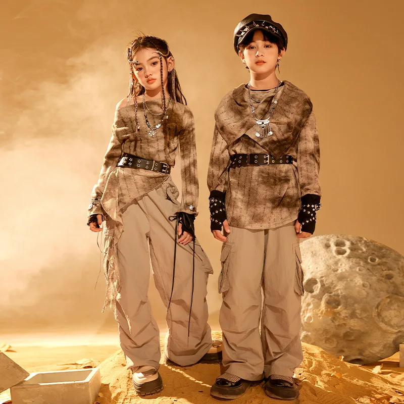 Kid Wasteland Style Hip Hop Clothing Káva prerušenie špičkového sivého neformálneho širokého nákladu nohavice pre dievča chlapca jazzový tanečný kostým oblečenie