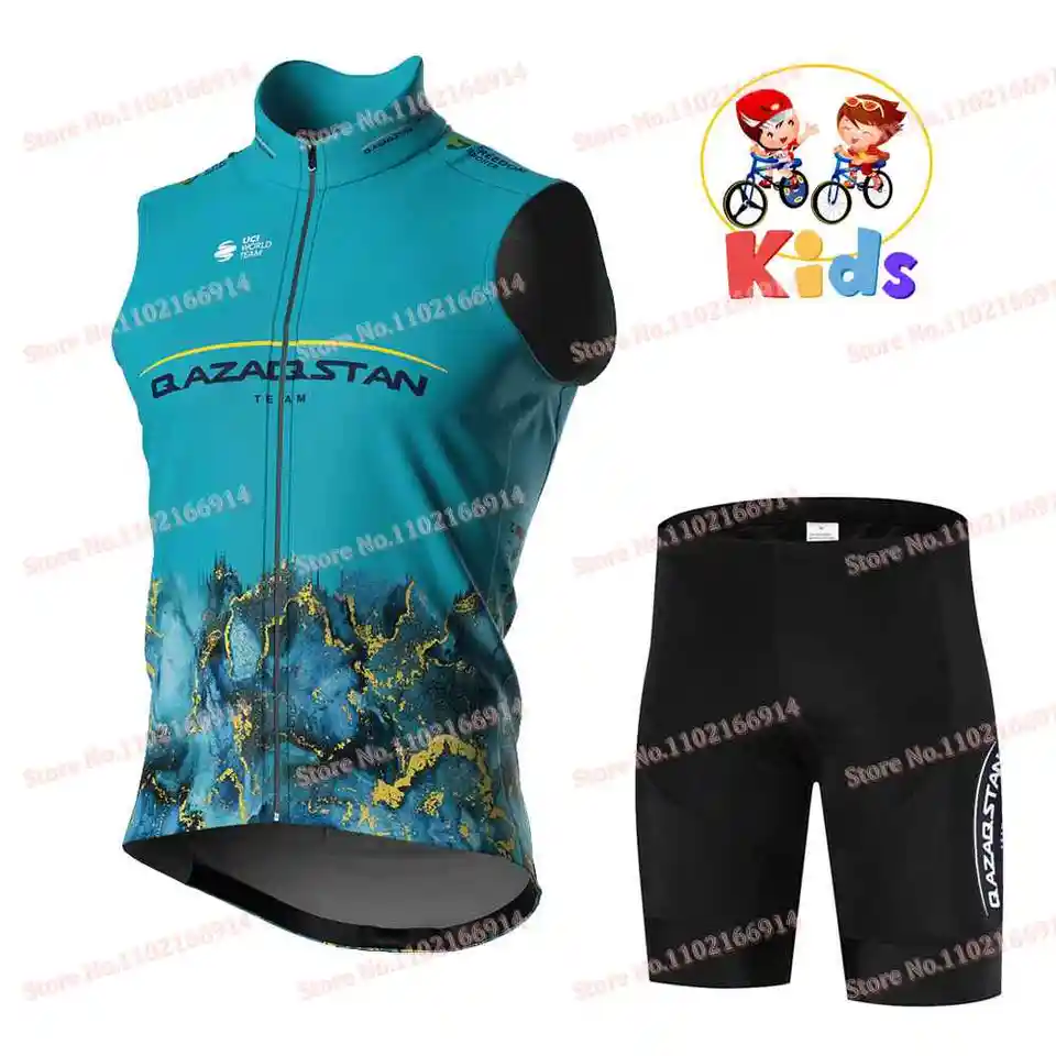 Kids 2024 Qazaqstan Team Team Team Wind Vest Boys Cycling Jersey bez rukávov Blue Windproof Lightweight Wind Vest Mtb Maillot Ropa