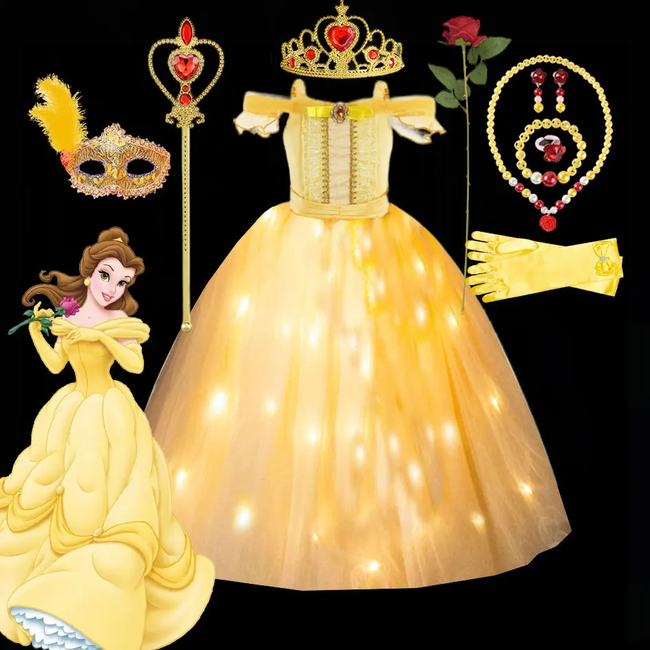 Kids Belle Beauty and the Beast Ball Gown Gown s Led Girl Girl Princess Party Dress Light Up Off Off OfF Frock Child Halloween Apparel