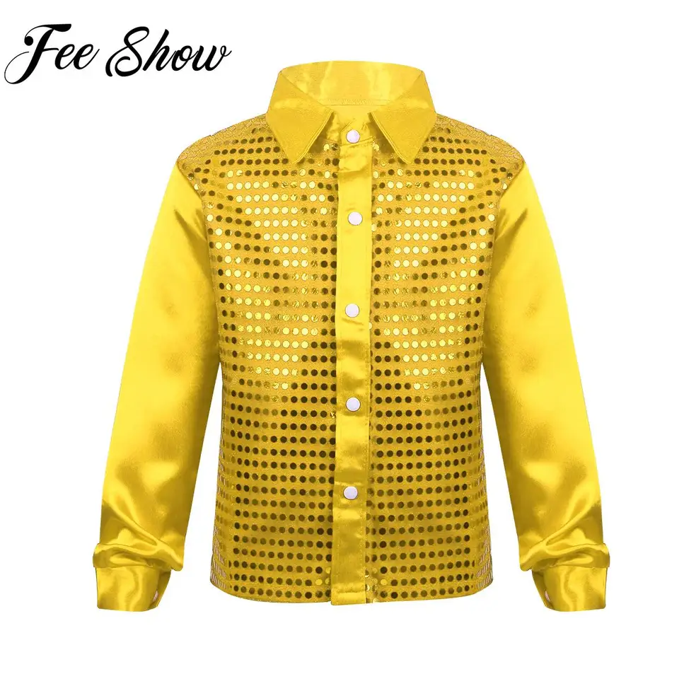 Kids Boys Fashion Glittery Flifred jazz tanečné košele s dlhým rukávom rozprestierajú