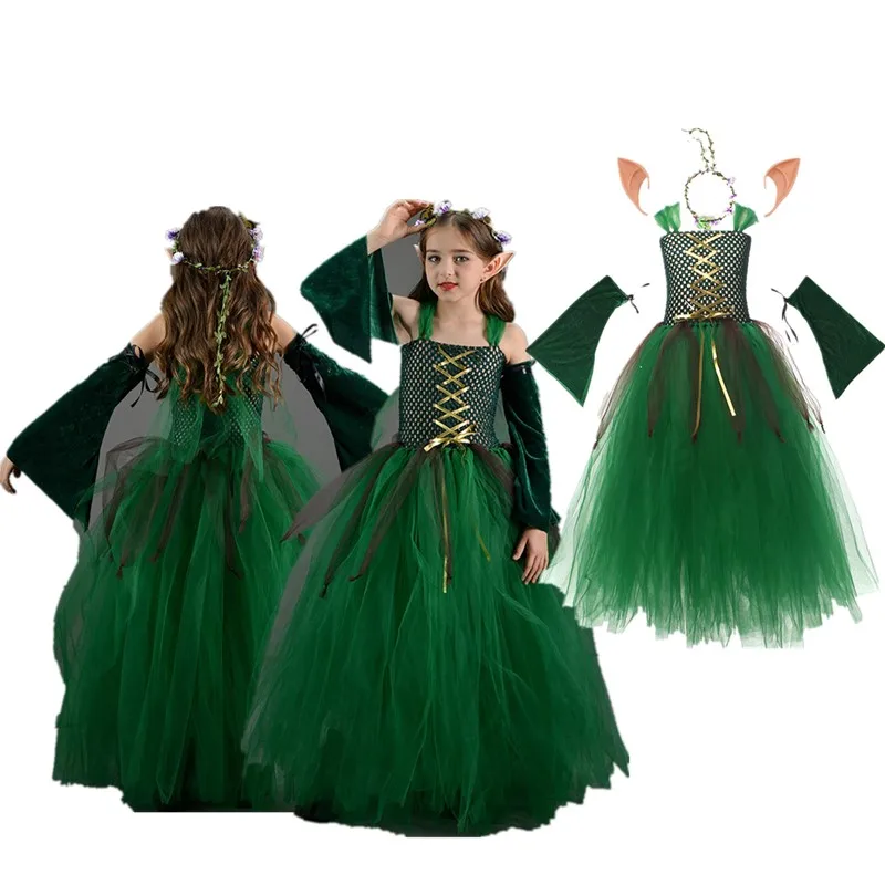 Kids Forest Elf Cosplay princezná kostým dievčatá dievčat Tutu šaty elf uši čelenka pódium predstavenie oblečenie Halloween Carnival