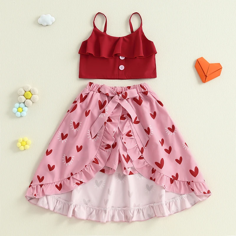 Kids Girl 2 -Piece outfit bez rukávov Camisole and Heart Print High Low Huffles Sort Set pre batoľatá letné oblečenie