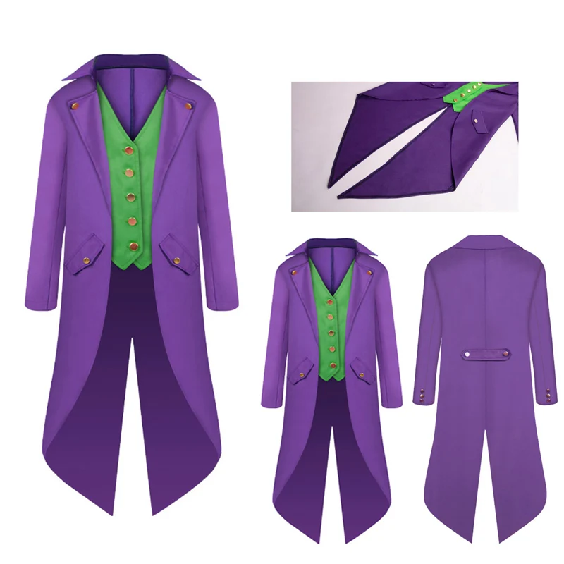 Kids Joker Cosplay kostým deti chlapci Purpurová kombinéza Stredoveké dlhé kabátové oblečenie Halloween Carnival Party Suit