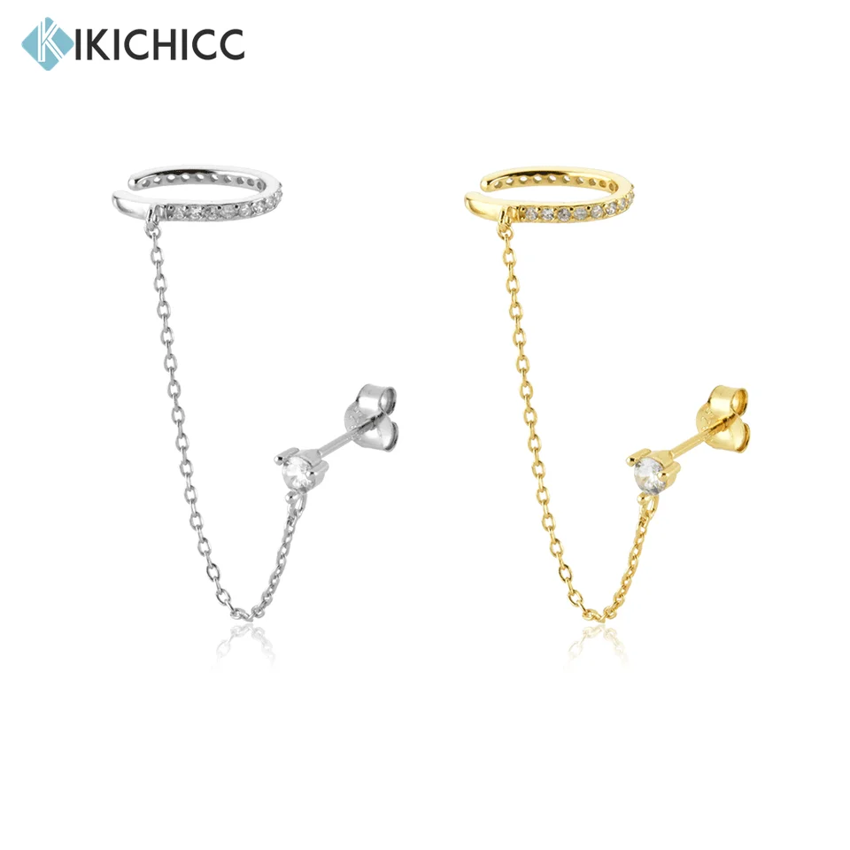 Kikichicc 925 Sterling Silver Gold Ear Cuff Stud Piercing 2 diery Wearring Rock Punk Clips Nie bez doštičiek Piercing Ženy
