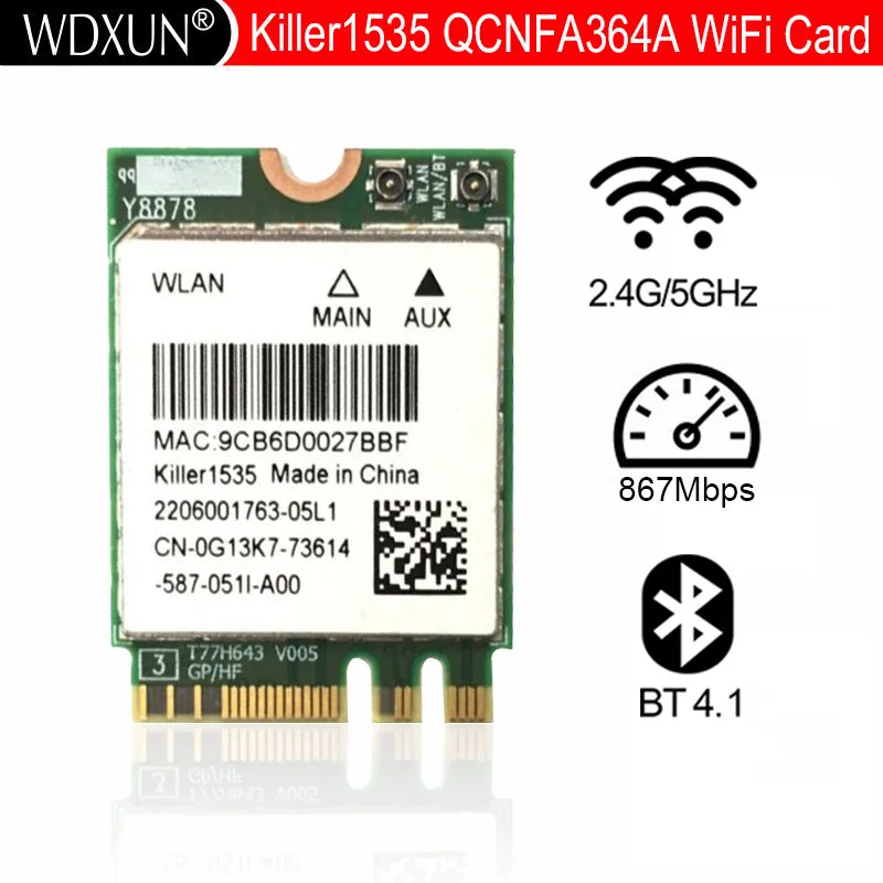 Killer 1535 1525 QCNFA364A AC M.2 NGFF WiFi Card Adapter pre MSI GT72/GS60/GE62/GE72/PE60/PE70 pre Dell Alienware