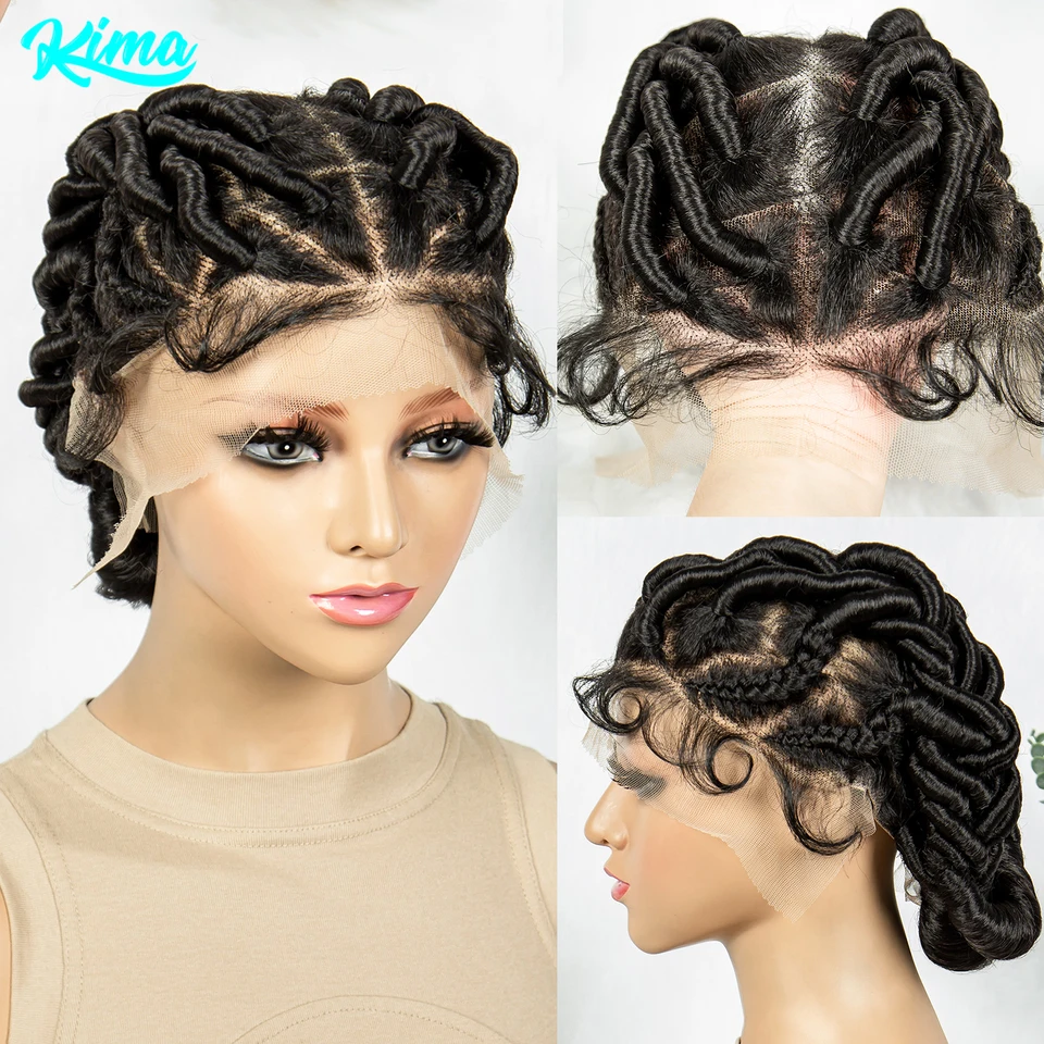 Kima Full Lace Braided Parochne háčkované skrútené parochne Syntetické uzol bez priehľadného čipky predné parochne pre čierne ženy