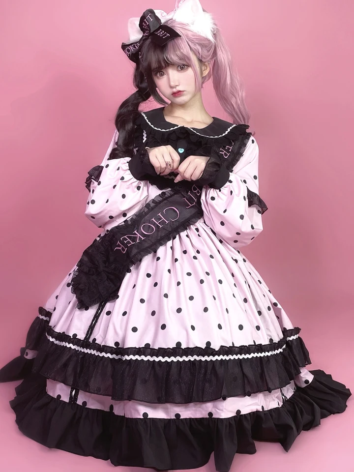 Kimokokm lolita v štýle princezná šaty kawaii Peter Pan Collar Bow Lace Lace Cascading Ruffing Full Ruckve Sweety Cosplay Dot Dress