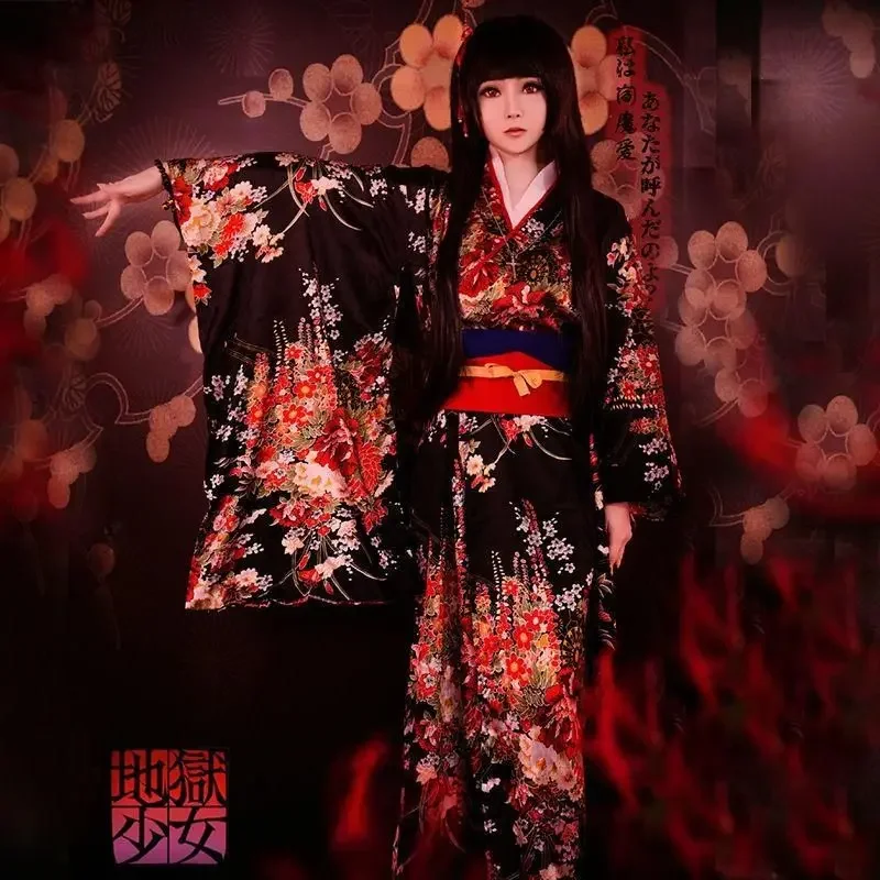Kimono jigoku shoujo enma ai slúžky šaty yukata uniforma japonský anime cosplay kostýmy kimono rúcho s obi