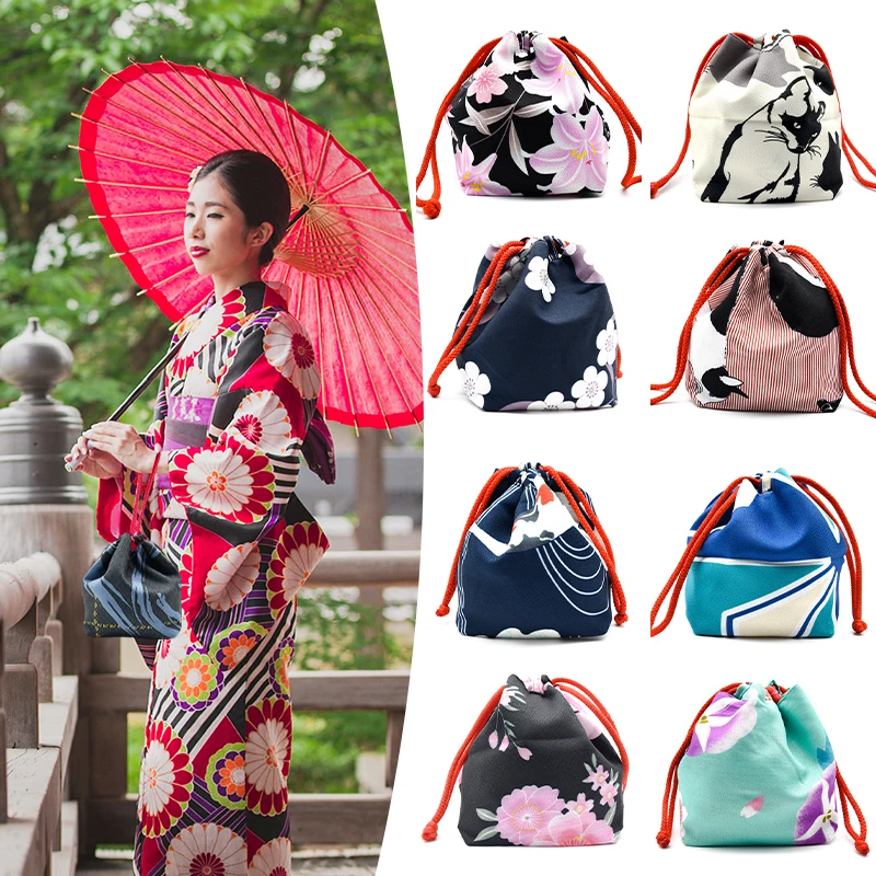 Kimono kabelka japonský štýl haori yukata dievčatá kimono kabelka dám v taške Vintage kvetinová šnúrka Bucket s kabelkou hanfu
