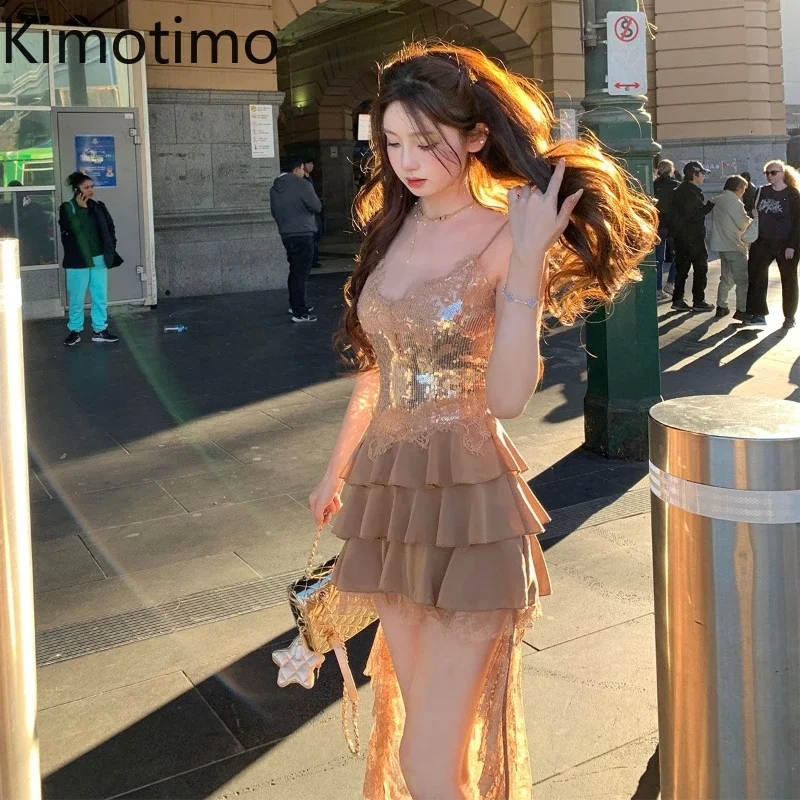 Kimotimo Sexy Flowin Patchwork Lace Susendend Dress Dreies Módna párty rozprávka Slim Pase Ruffled Cake Mini Šaty vintage 2025