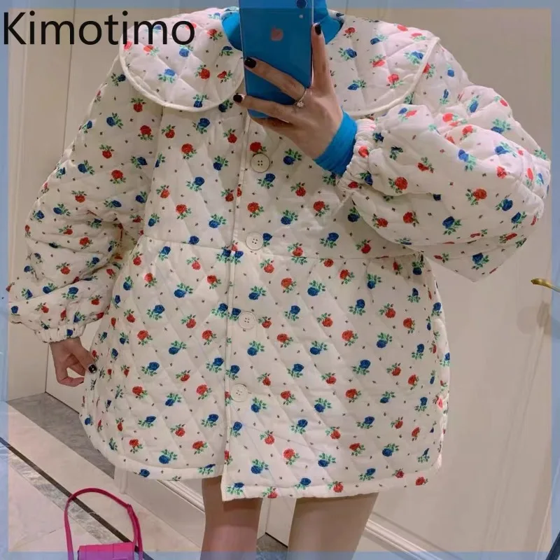 Kimotimo zimné kvetinové tlače parky bundy Ženy Kórejský sladký Peter Pan Collar Chic Quilted Coat Fashion Tops Tops Casacos
