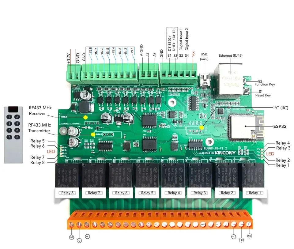 Kincony KC868-A8 ESP32 WIFI/ETHERNET RS232 USB REléový modul ADC DAC RF 433M Teplota ARDUINO IDE pre SMART HOME MQTT