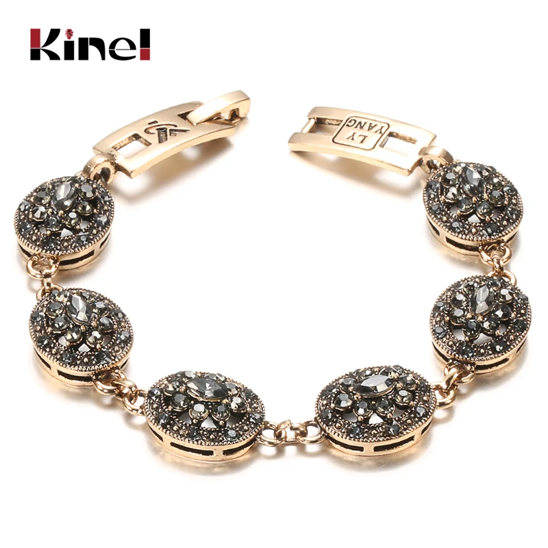 Kinel Charm Boho Women Link Bracelet Antique Gold Color Grey Crystal Etnic Svadobný svadobný vintage šperky Rusko príslušenstvo
