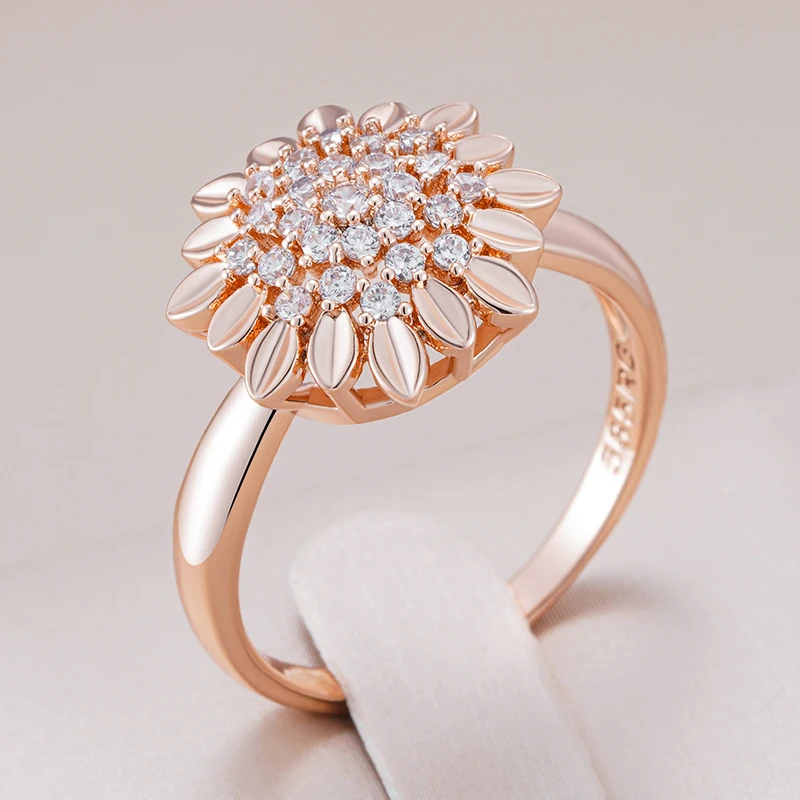 Kinel Hot 585 Rose Gold Color Kreatívne krištáľové kvetinové krúžky pre ženy módne prírodné zirkónové doplnky Vintage Svadobné šperky