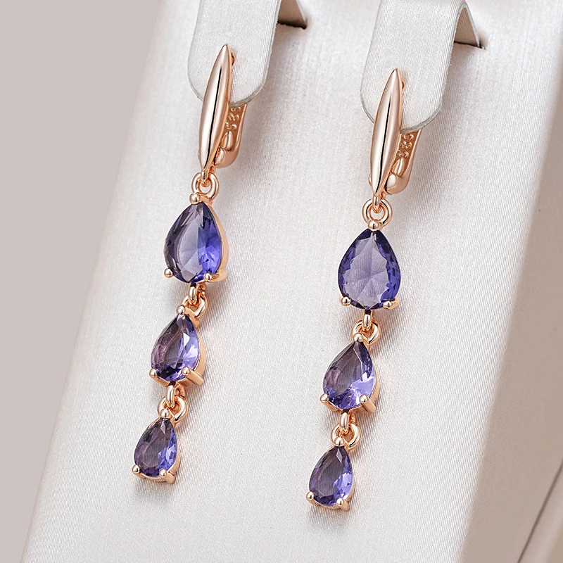 Kinel Hot Leskiny Fialové prírodné zirkónové kvapky náušnice pre ženy Trend 585 Rose Gold Color Bride Svadobná jemná šperky Crystal Gift