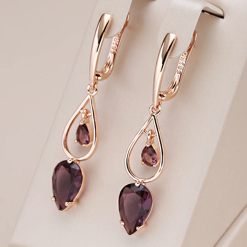 Kinel Hot Purple Natural Zirkón dlhé náušnice pre ženy móda 585 Rose Gold Water Drop Doplnky Svadobné denné šperky