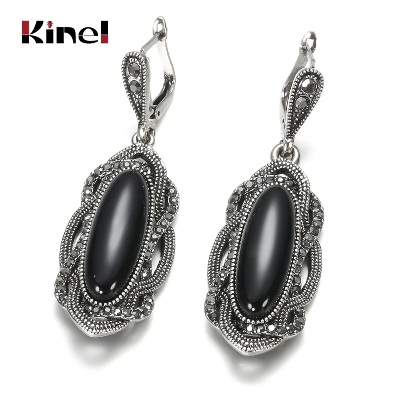 Kinel najvyššia kvalita Česká čierna kamenná náušnica Tibetská strieborná mozaika AAA Gray Crystal Big Oval náušnice pre ženy vintage šperky