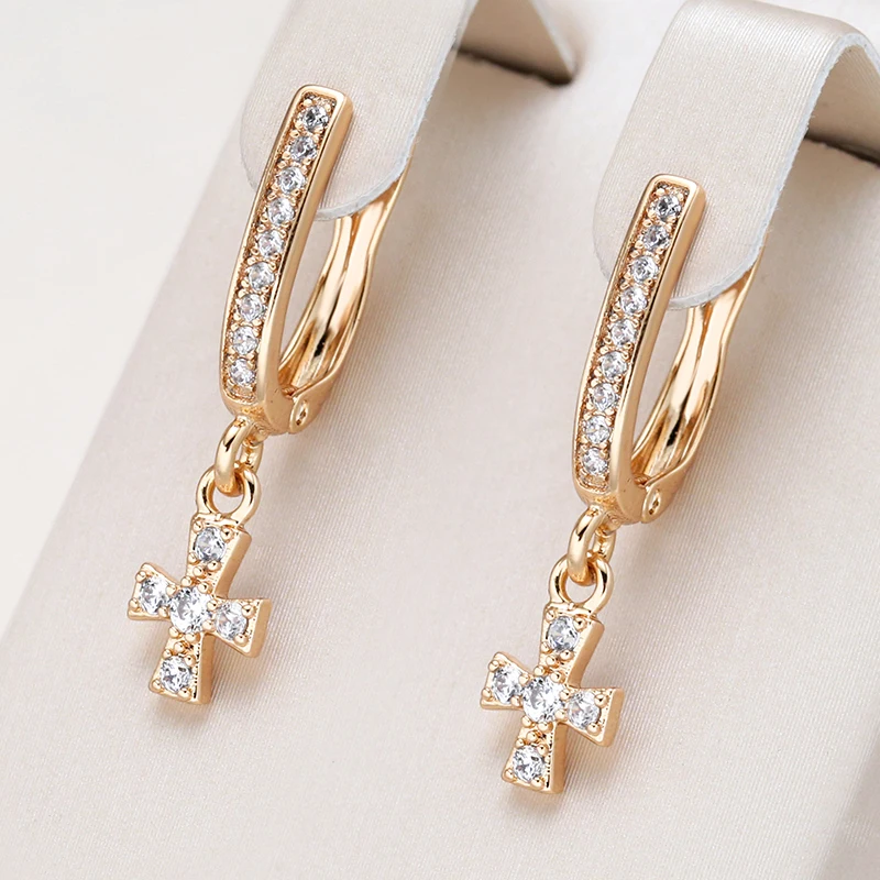 Kinel Trendy Luxusný krížový priekopník náušnice 585 Rose Gold Color Crystal Ježišový kríž pre ženy párové šperky darček