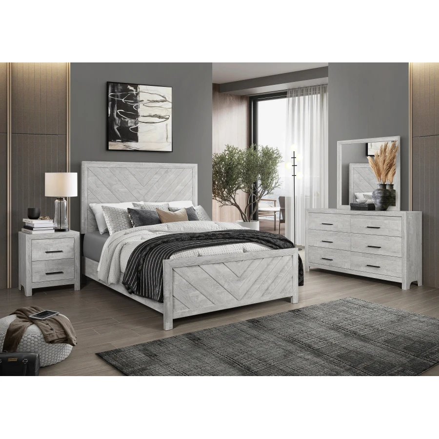 King 4PC Modern Style Skladovacia spálňa vyrobená z dreva v šedej, obsahuje posteľ, nočný stolík, komodu a zrkadlo