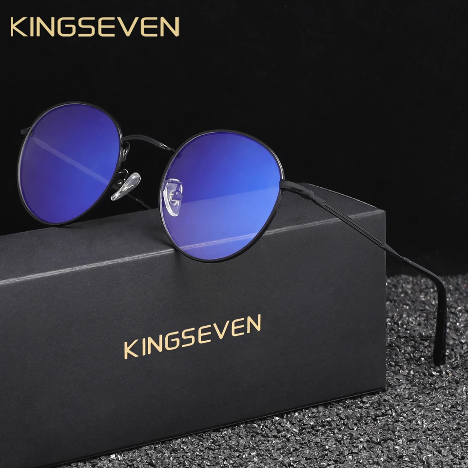 Kingseven Fashion Round Blue Light Blokovanie okuliarov Muži/ženy zliatiny Priehľadné šošovky Počítač proti modrým lúčom