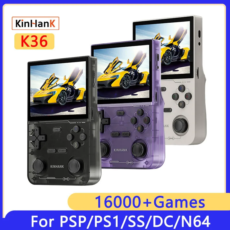 Kinhank K36 Retro retro ručná ručná konzola videohry 500nit 3,5 palca IPS obrazovky 16000 hier emulátor pre PS1/PSP/DC/N64/SS