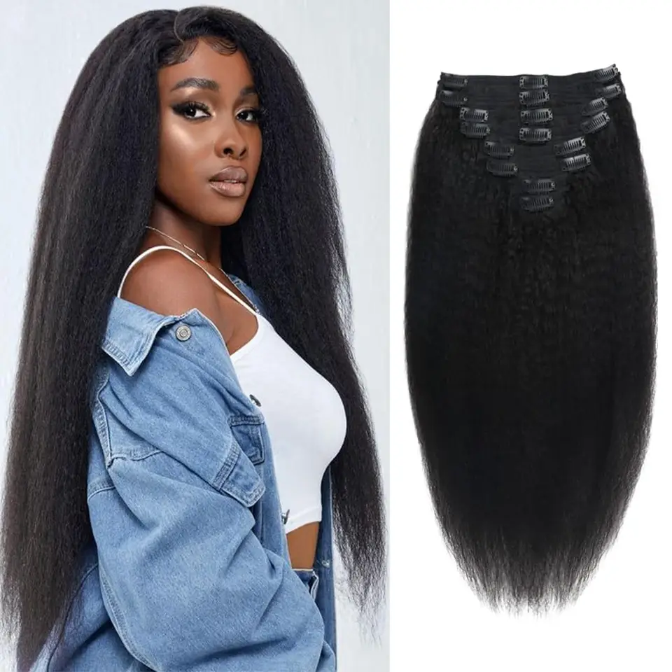 Kinky Straight Clip in Human Hair Extensions Clips v predĺženia