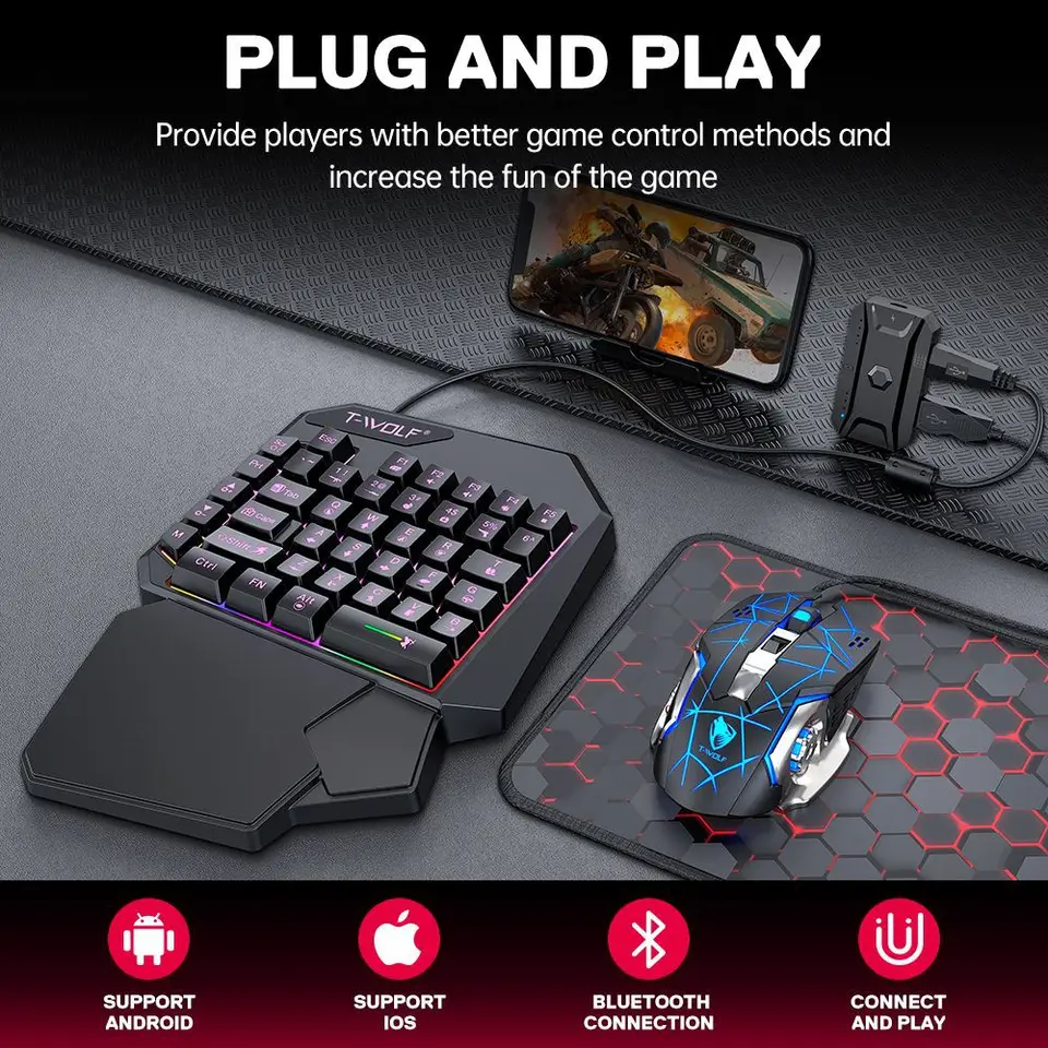Kit Mobilador Gamer Kit Gaming Keyboard Mouse Mobile Mobile Games Converter 3 v 1 Combo One Hand Keyboard pre mobilné hry PUBG TF900