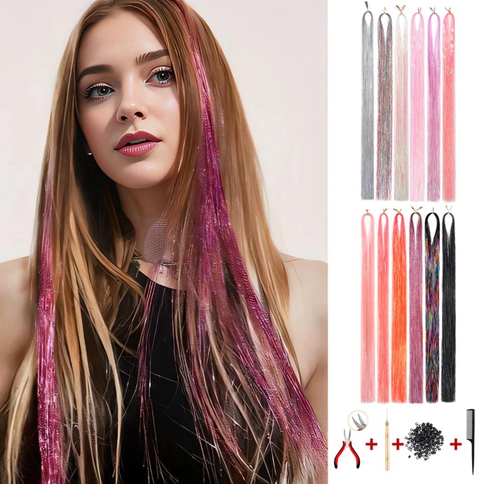 Kit s vlasovými pozlátkami Syntetický lesk lesklý vlasový pozlátko s náradím 12 farby rozprávkové pozlátko Hair Extensions for Women Party Halloween
