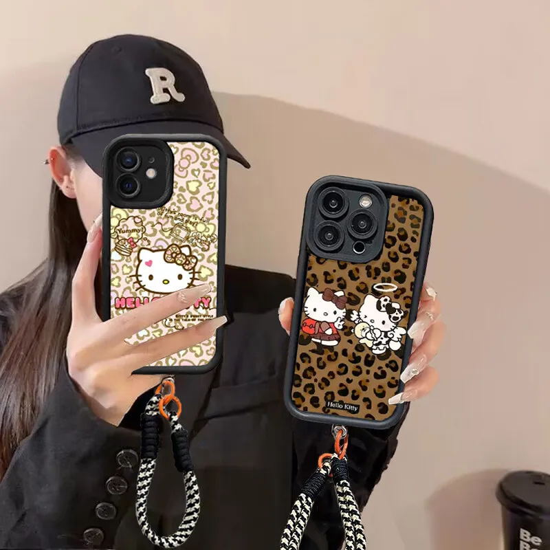 Kitty Leopard Print Wrist Lanyard Chain Case pre Samsung Galaxy S24 S23 S22 S21 Ultra Plus S23FE A54 A35 A15 A14 A55 A34 A24 A24 A25