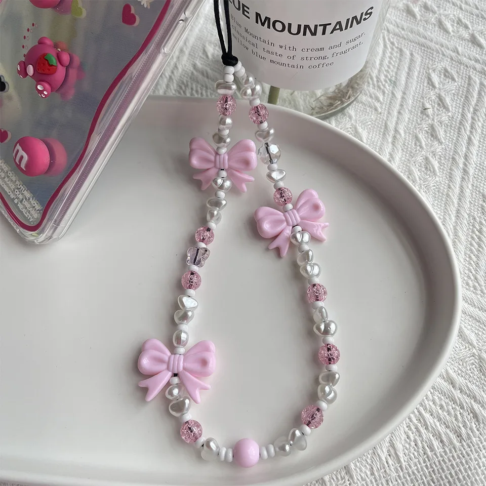 KKBEAD NOVÝ Kórejský ružový bowknot Phone Charm Imation Perl Beads Chain pre puzdro na telefón Roztomilý mobilný remienok Mobilné doplnky