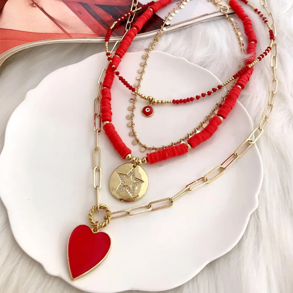KKBEAD ZIRCON Hviezda červené srdce Prívesok Náhrdelník Choker pre ženy Darčekové šperky Polymér Clay Disk korálky Zlá očné náhrdelníky šperky