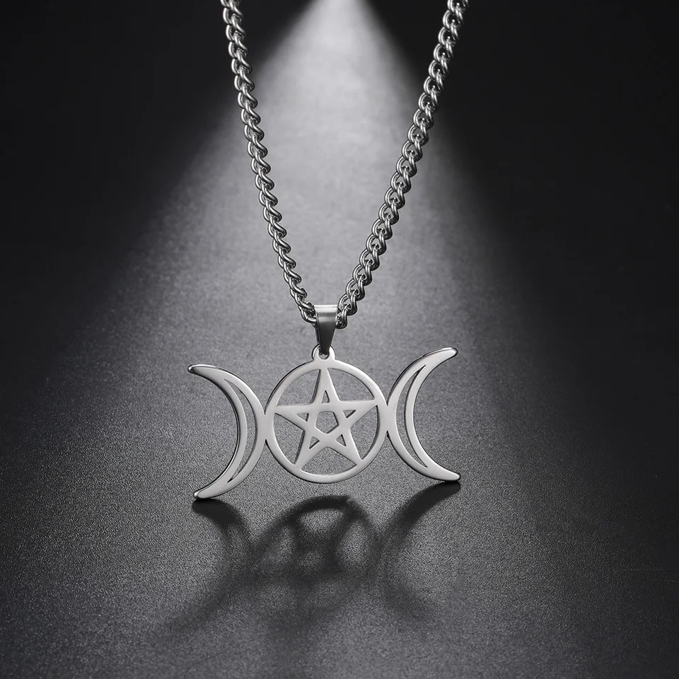 Kkjoy Stianless Steel Tripetra Moon náhrdelník Wiccan Triple Goddess Pentack Pentagram náhrdelník Náboženské amuletové šperky