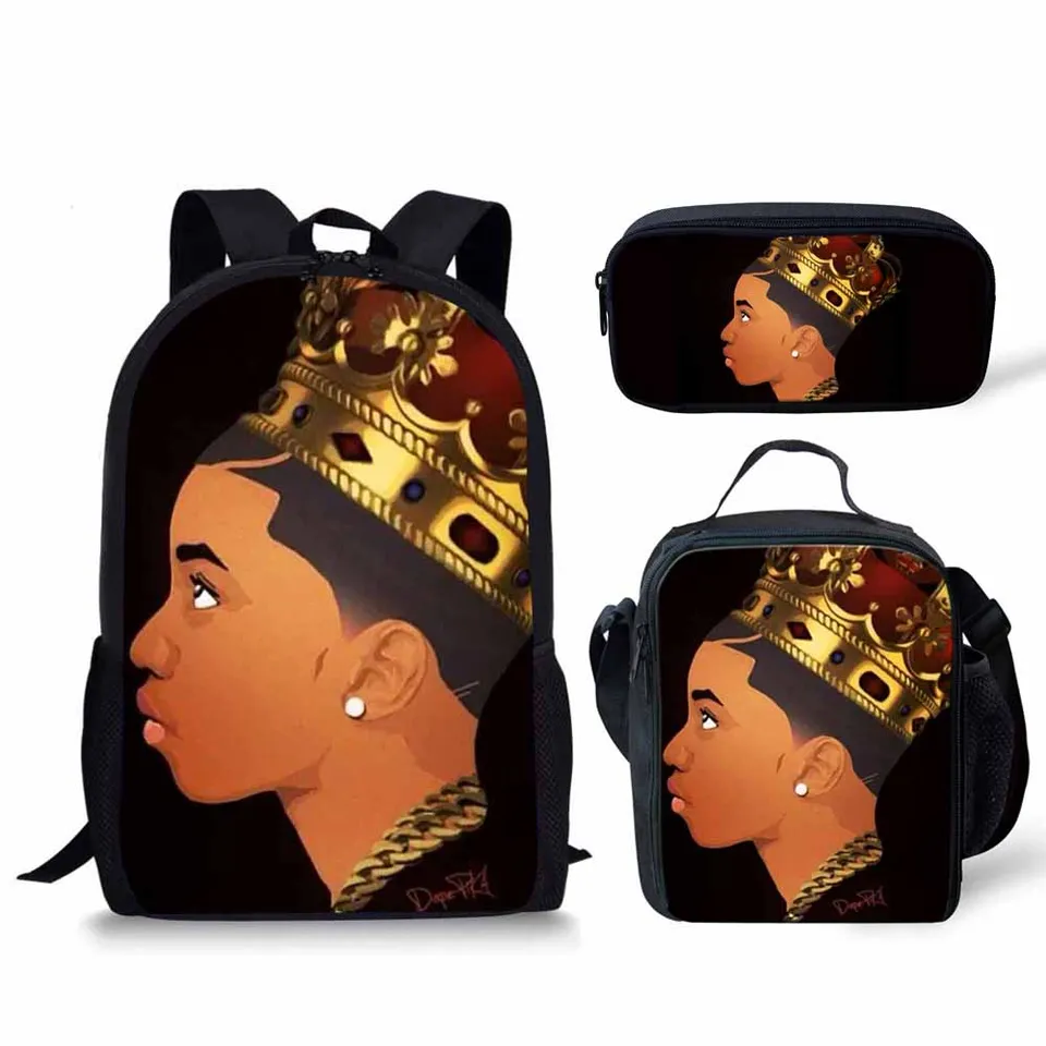 Klasická novinka Classic African Black Boys 3D Print 3ks/Set Pupil School Bags Laptop Daypack batohový batoh obedu Cencil Case Case