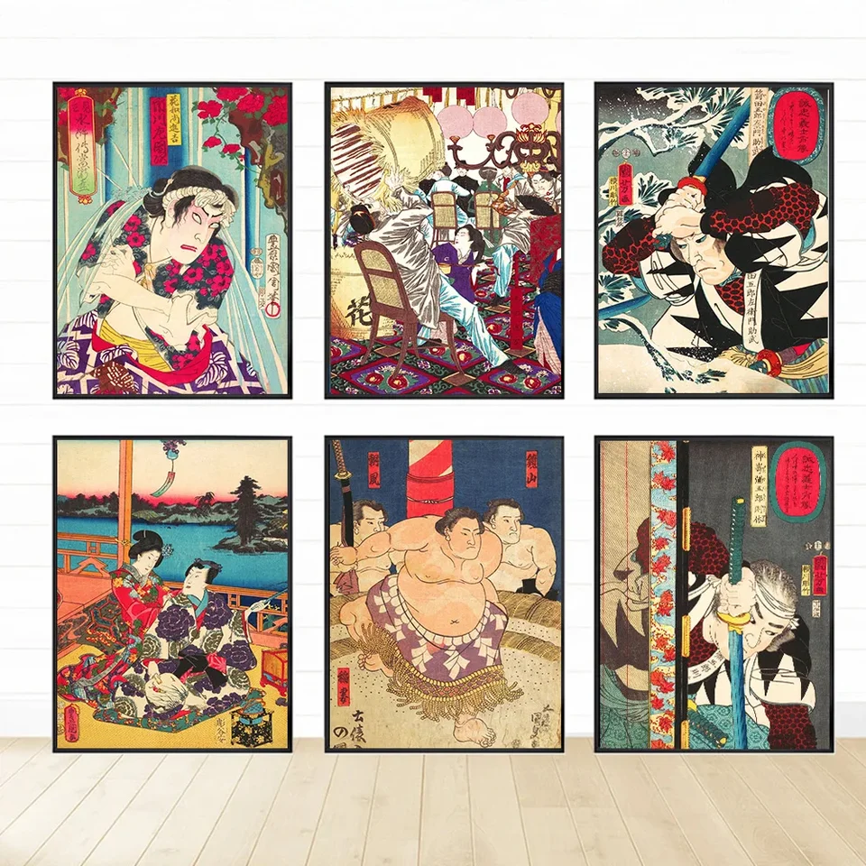 Klasická retro estetika nástenné umenie japonský sumo gejisha samurai hd olej na plátne plagáty a výtlačky