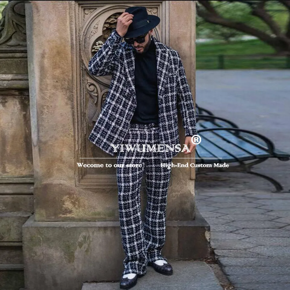 Klasická čierna a biela vlna Zmes Plaid Suits pre mužské bundy nohavice 2 kusy Sety Prispôsobené Man Prom Trajes Elegante para hombres