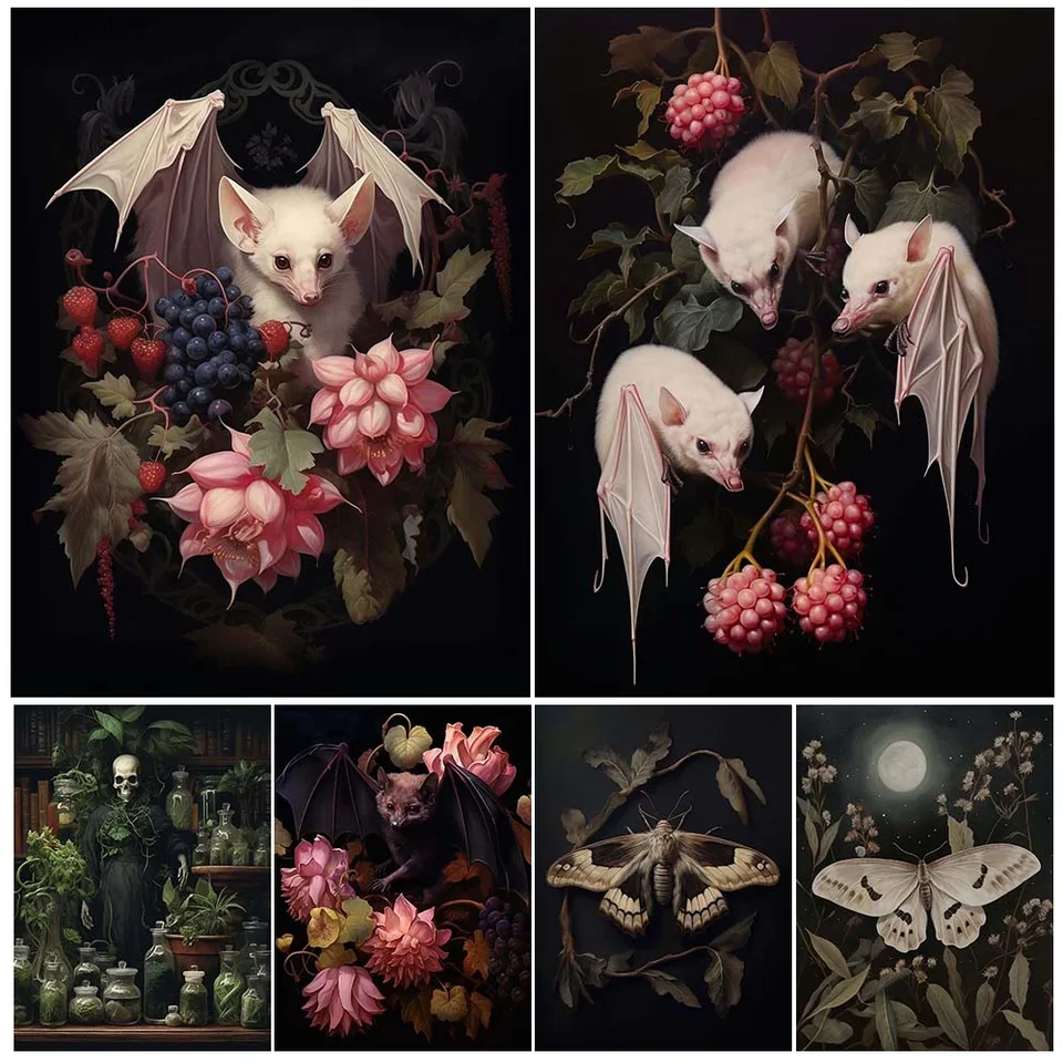 Klasické abstraktné nástenné umenie albínsky ovocný netopier a mesiac Moth Dark Brother HD Canvas Tlač plagátu Domov obývacia izba Dekorácia spálne