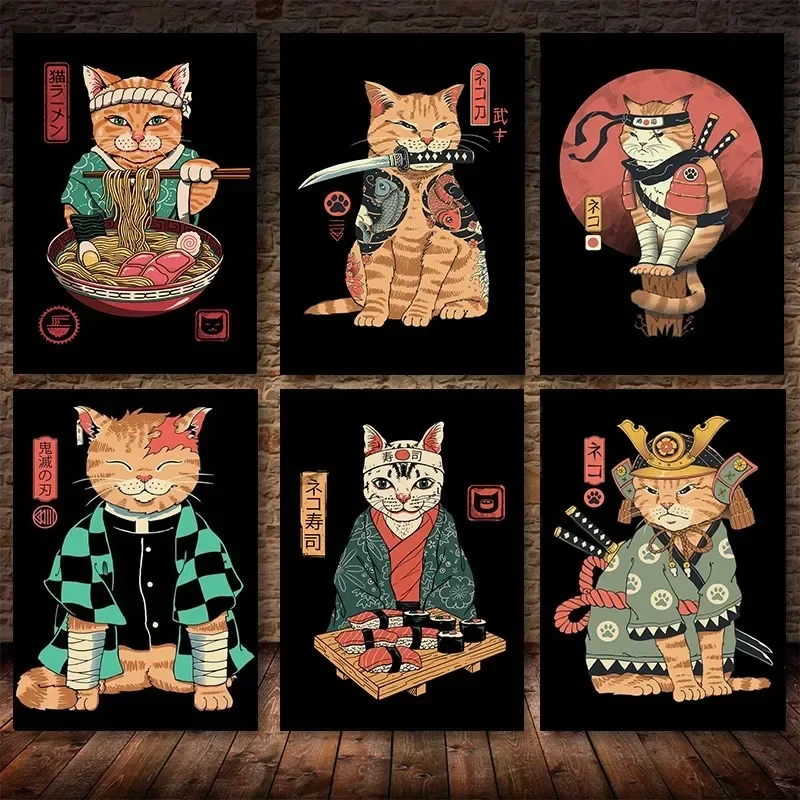 Klasické abstraktné nástenné umenie sushi japonské samuraj ramen mačka hd plátno tlač Plagát domova obývacia izba dekorácia spálne