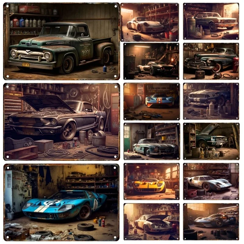Klasické autá Kovové značky Spory Sports Car Retro Pleque Cín maľba Garážové plagáty Plagáty Muž Cave Wall Decanrative Panel Mural