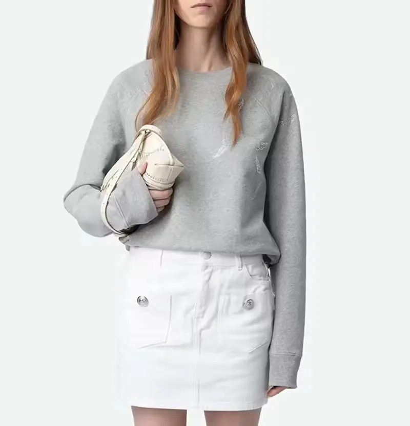 Klasické diamantové krídla bavlnená mikina pre ženy okrúhly krk Raglan rukáv fleece pullover šedá mikina