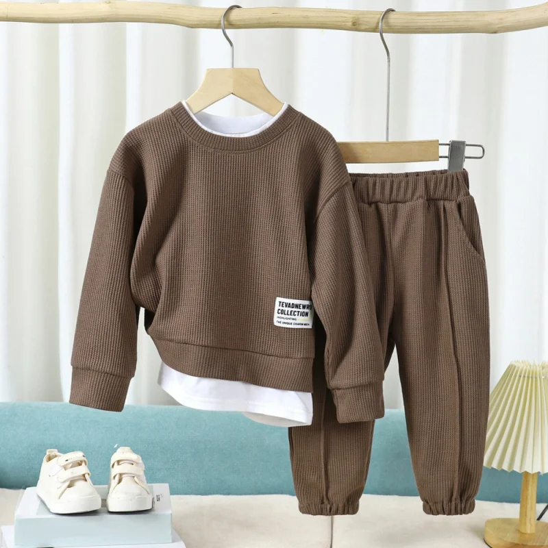 Klasické gumové vafle s dlhým rukávom Tričko Tričko Panty Sady pre deti dievčatá Dievčatá Casy Autumn Cotton Mäkké top nohavice obleky pre deti