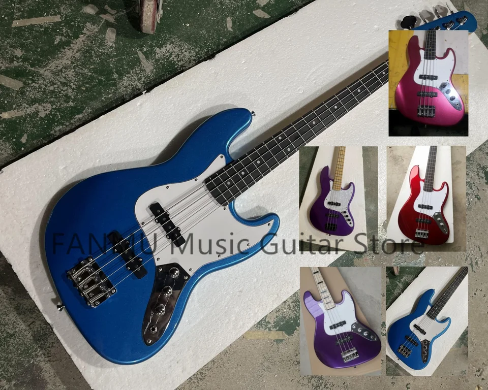 Klasické kovové modré basy, 4-strunová basová gitara, teleso basového dreva, hmatník z ružového dreva, javorový krk, biela doska na pickup, prispôsobiteľné